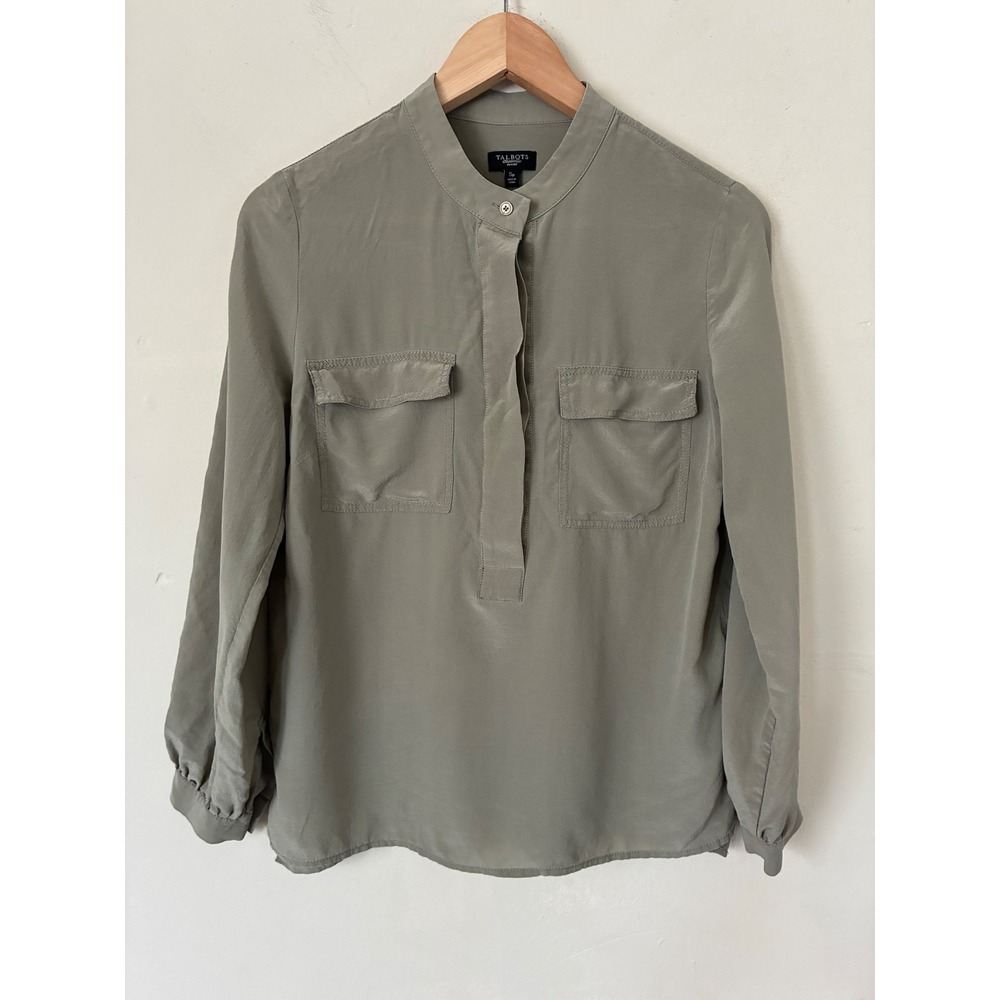 Talbots Petites 100% Silk Sage Green Band Collar Utility Blouse SP Long Sleeve